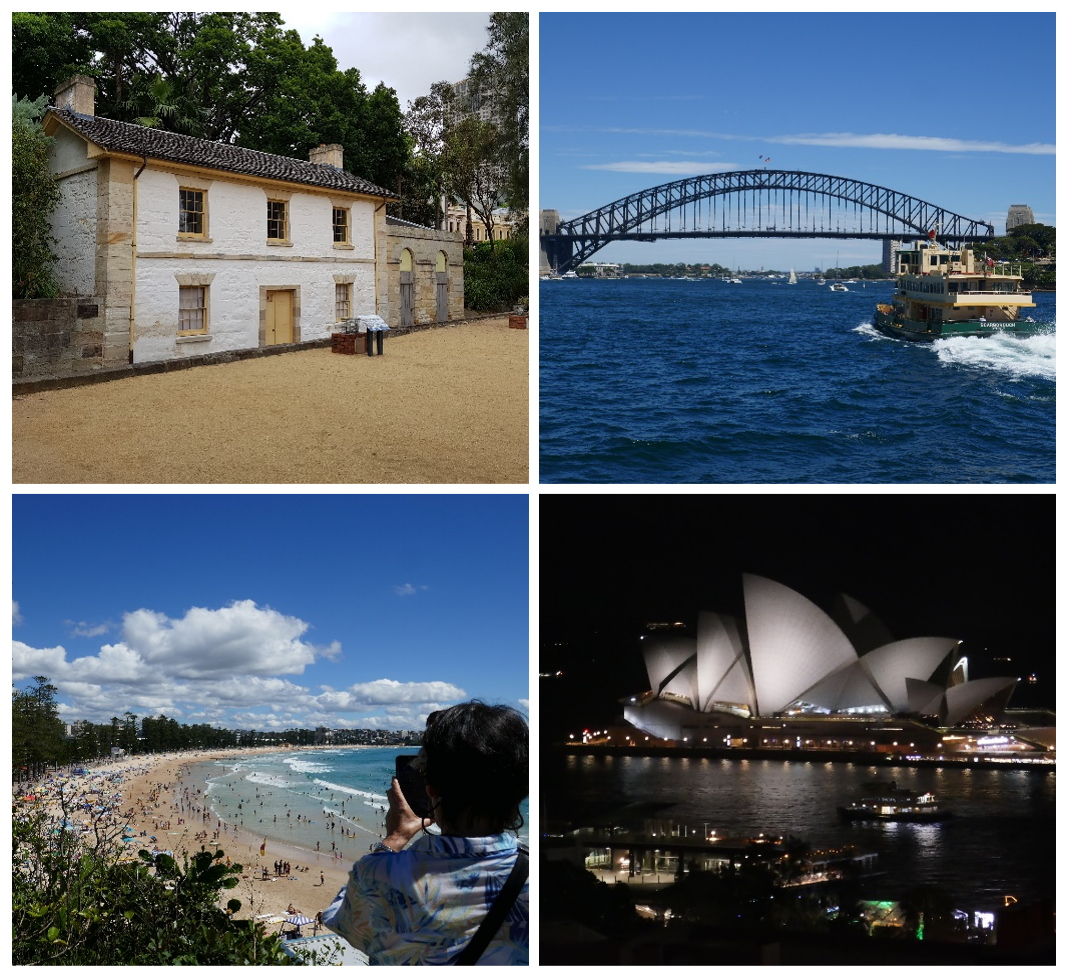 Collage of four images from Sydney - top-left=Cadman's Cottage; top-right=Sydney Harbour Bridge; bottom-left=Manly Beach; bottom-right=Sydney Opera House