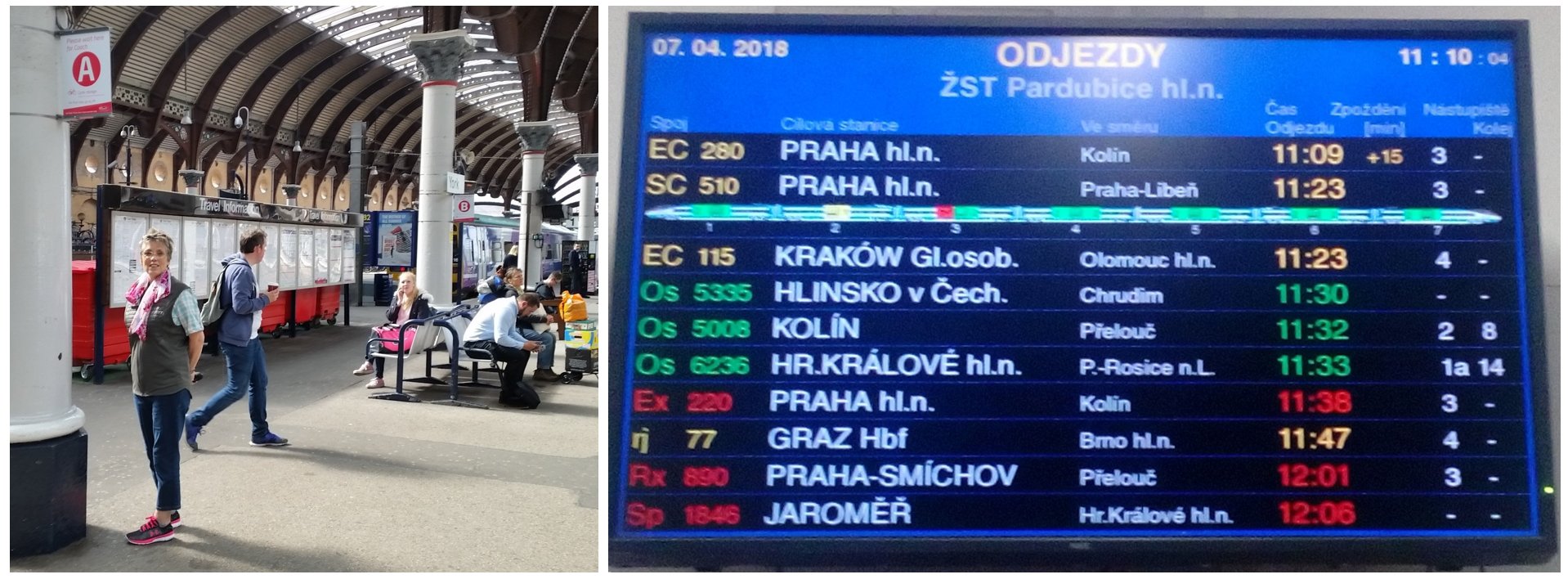 image collage showing York Railway Station platform, Pardubice Railway Station departures board