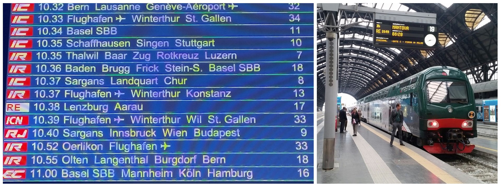 image collage showing Vienna Intenational Airport departures board, Milan Railway Station platform