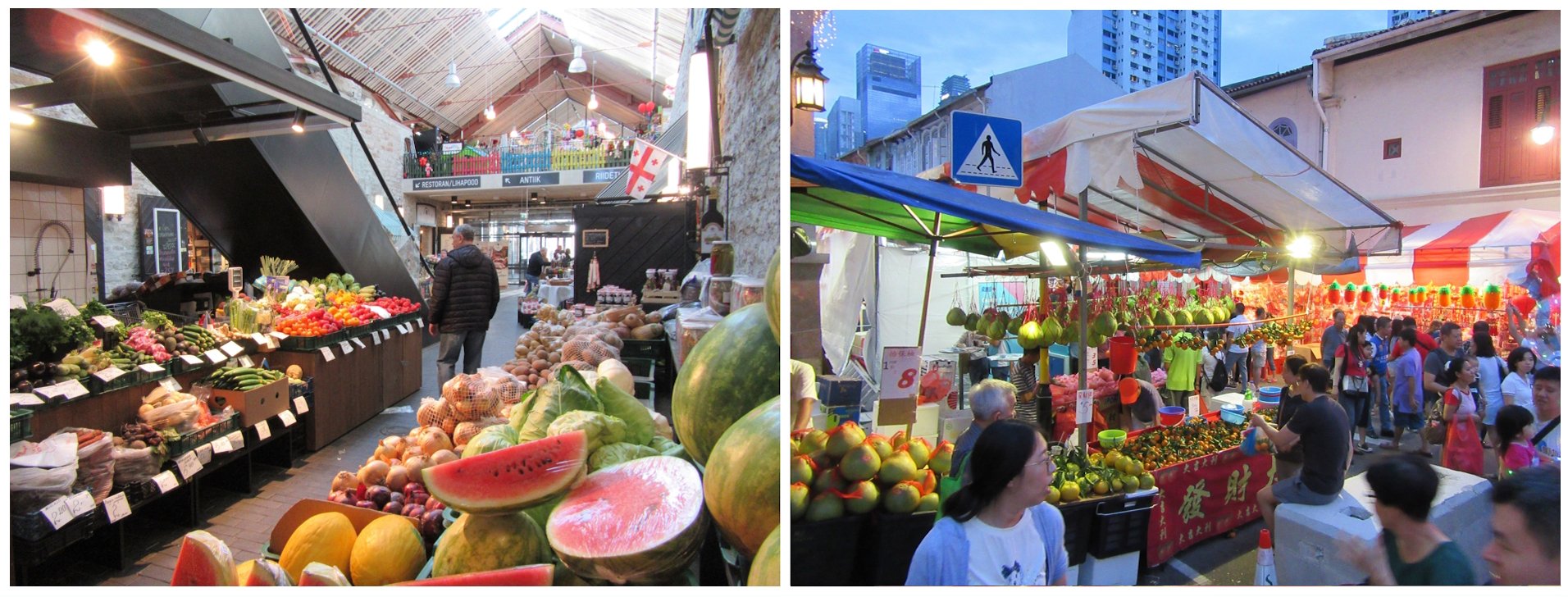 image collage showing markets in Tallinn, and in Singapore (both 2019)