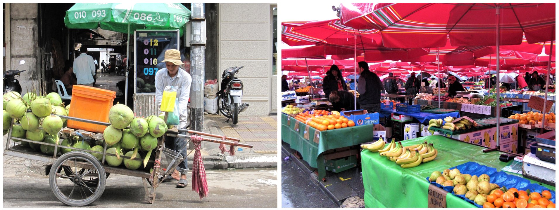 image collage showing markets in Phonm Penh (2015), and Zagreb (2016)