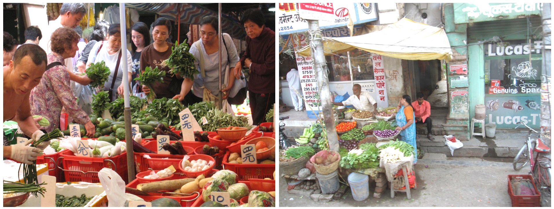 image collage showing markets in Hong Kong and Mumbai (both 2011)