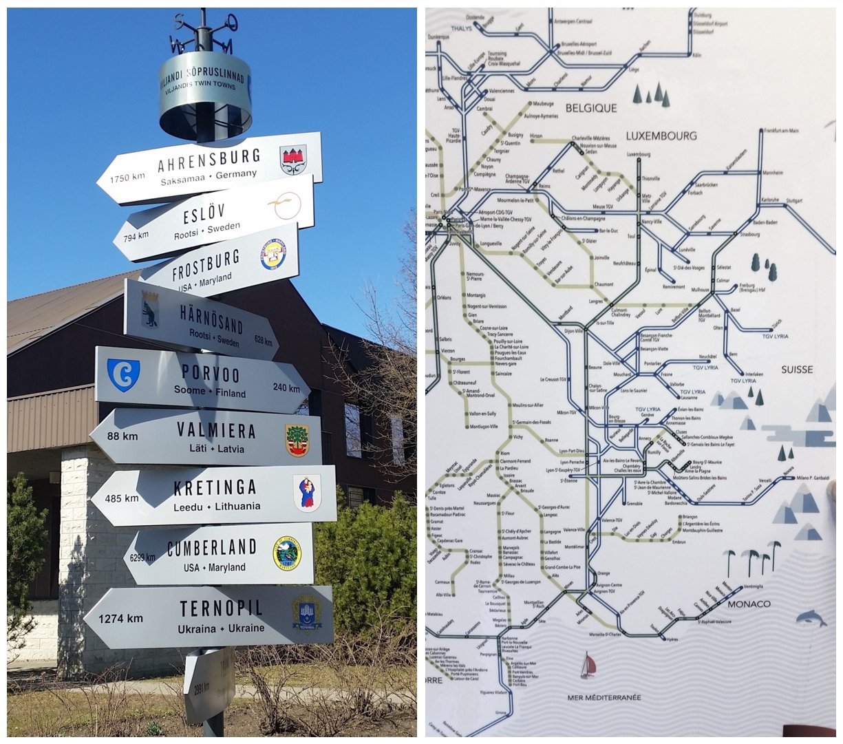 image collage showing street signpost in Viljandi, Estonia, and Eurail map of eastern France