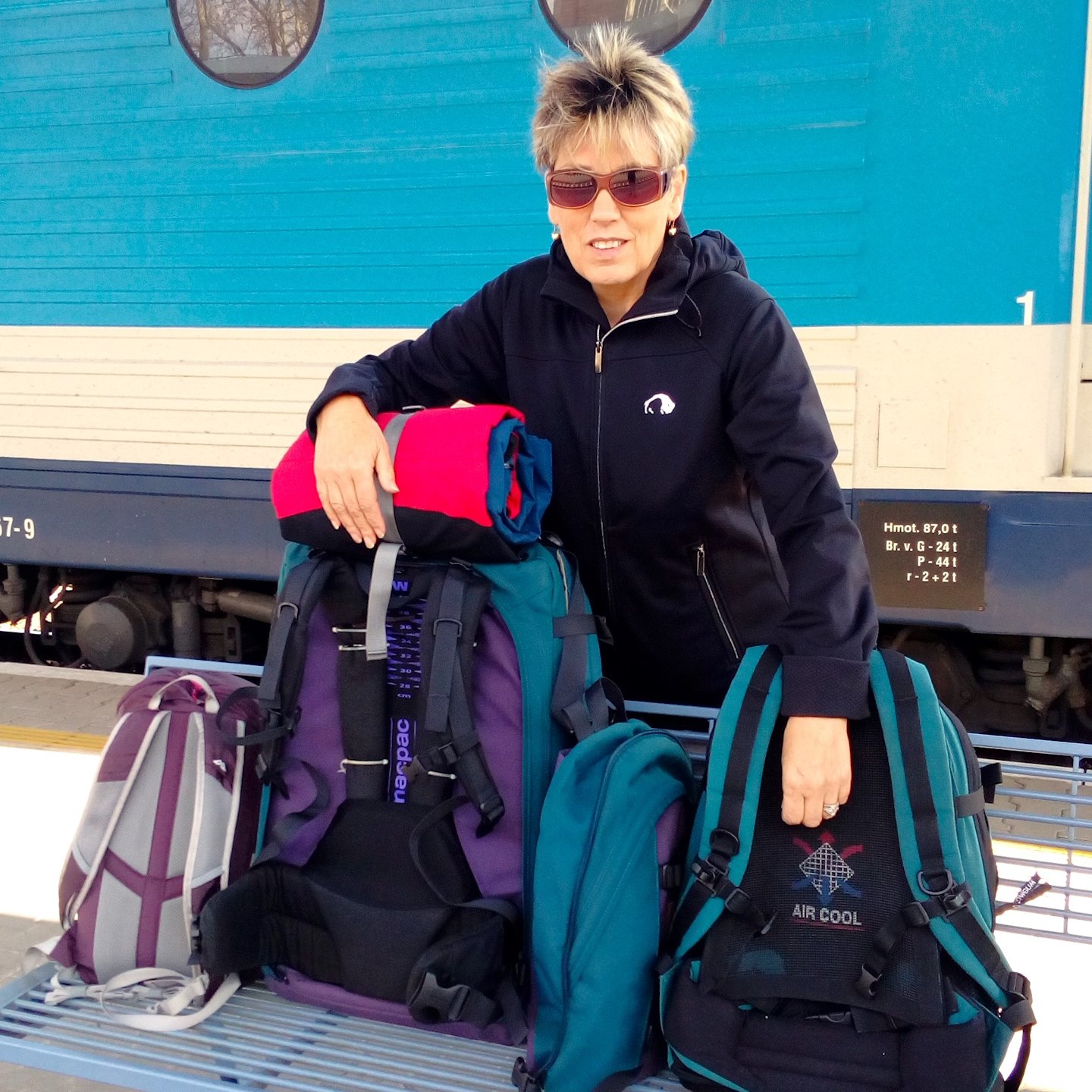 image showing Marlene with travel bages for two, at Olomouc Railway Station, April 2017