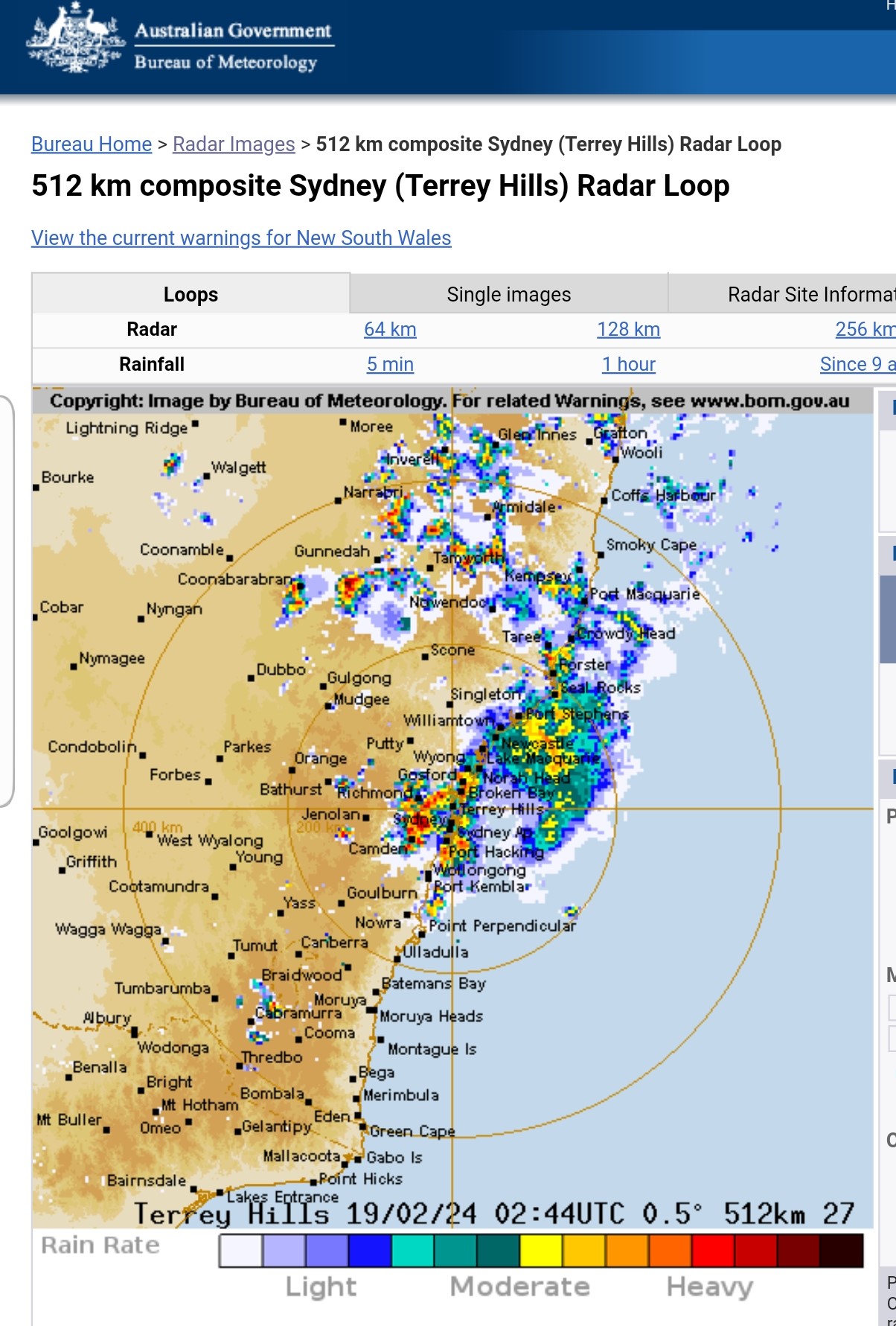 A weather radar image as used by the Bureau of Meteorology, showing a storm system across the Sydney basin on 19 February 2024