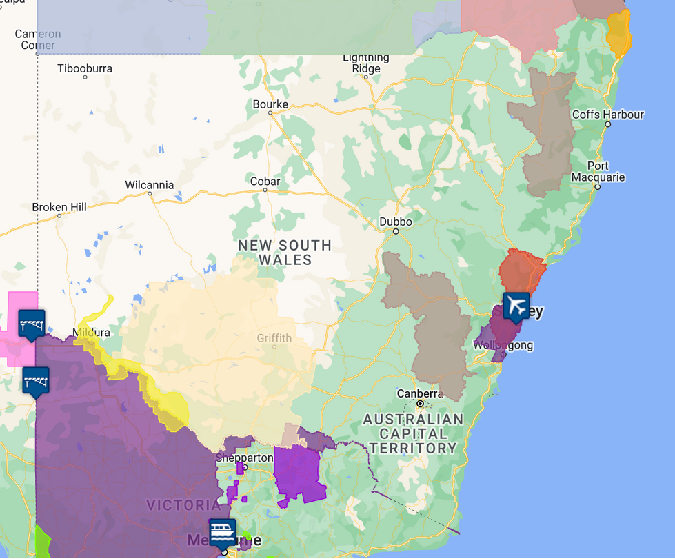 Extract of NSW State map showing different qurantine zones across the state