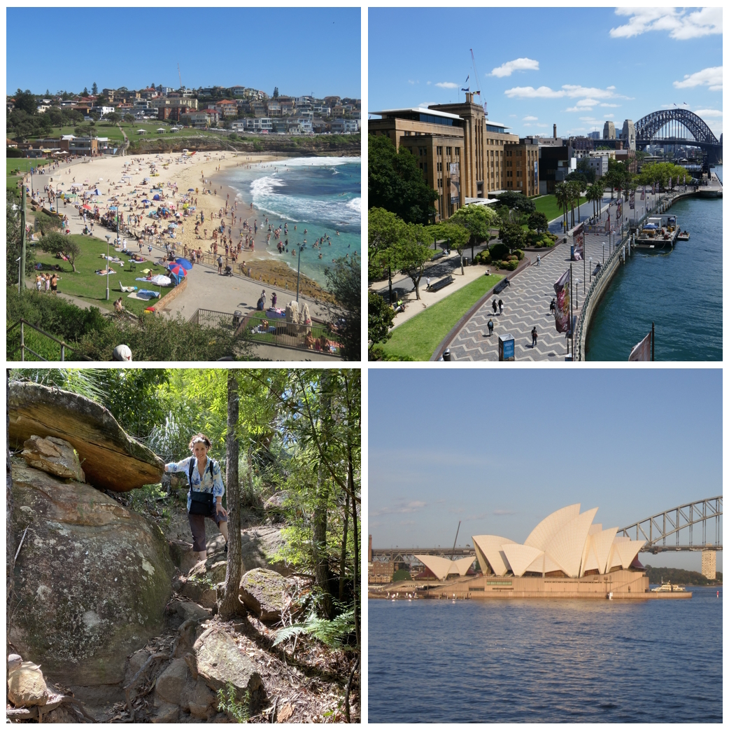 collage of four images from Sydney - top-left=Bronte Beach; top-right=West Circular Quay; bottom-left=Ku-ring-gai Chase National Park; bottom-right=Sydney Opera House