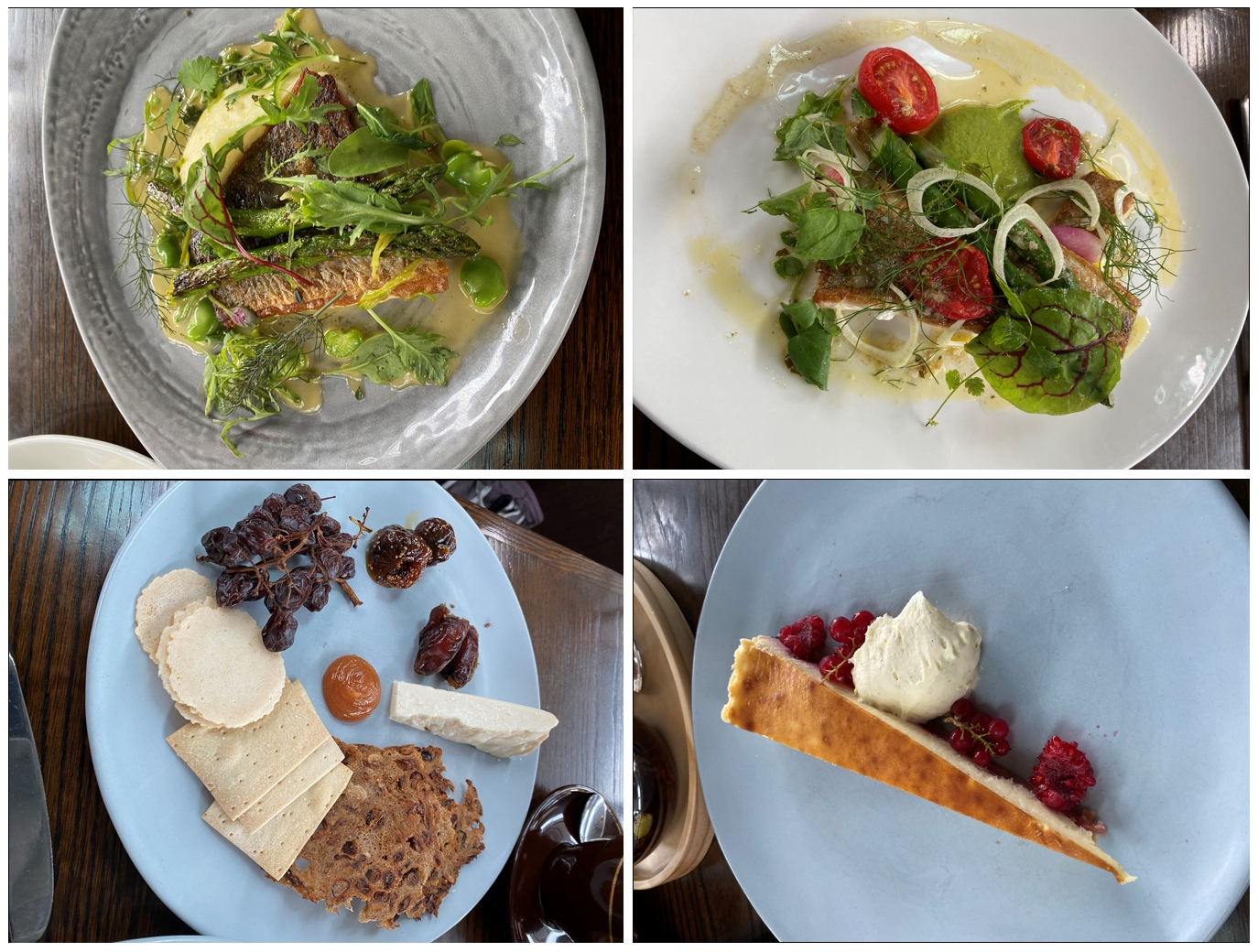 A view of four plates at a restaurant, showing two main courses, a dessert, and a cheeseboard