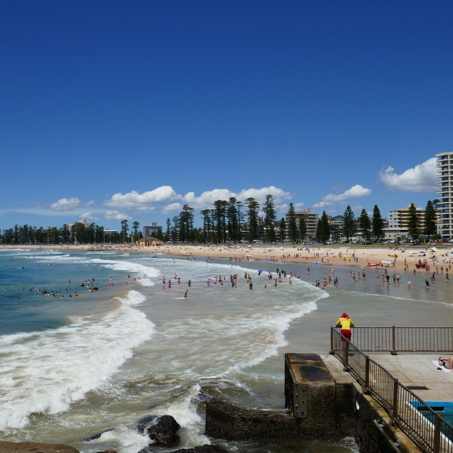 A view of Manly Beach from the north, with the beach stretching for almost 2km into the distance