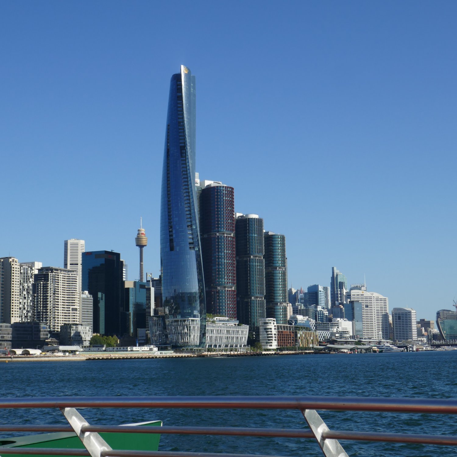 A view of some of Sydney's modern architecture, along Darlin Harbour, with the 2020 Crown Sydney tower building prominent