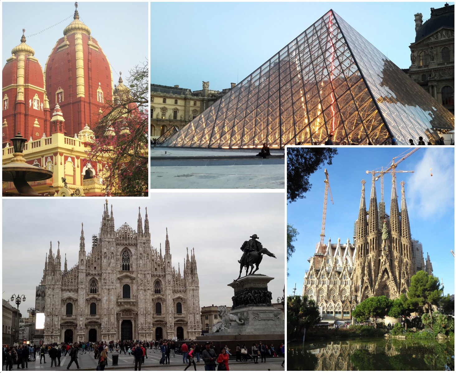 Collage of four images Marlene's travels - top-left=New Delhi Laximinarayan Mandir Temple; top-right=Paris Louvre Pyramid; bottom-left=Milan Duomo di Milano; bottom-right=Barcelona La Sagrada Familia