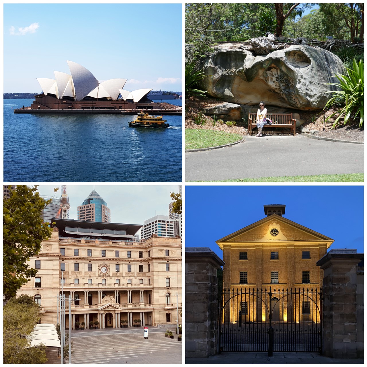 afootwego collage image showing scenes of Sydney: top-left: the Opera House; top-right: Botanic Gardens; bottom-left: Customs House; bottom-right: Hyde Park Barracks by night