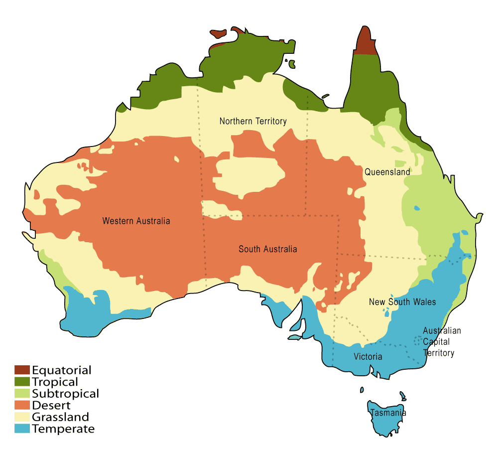 Map of Australia showing the six different climate zones: Equatorial; Tropical; SubTropical; Desert; Grassland; Temperate: from Wikimedia Commons