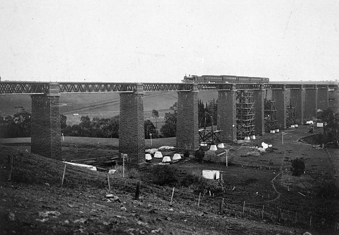 An image of a train crossing the Moorabool Viaduct, circa 1917, sourced from Museums Victoria