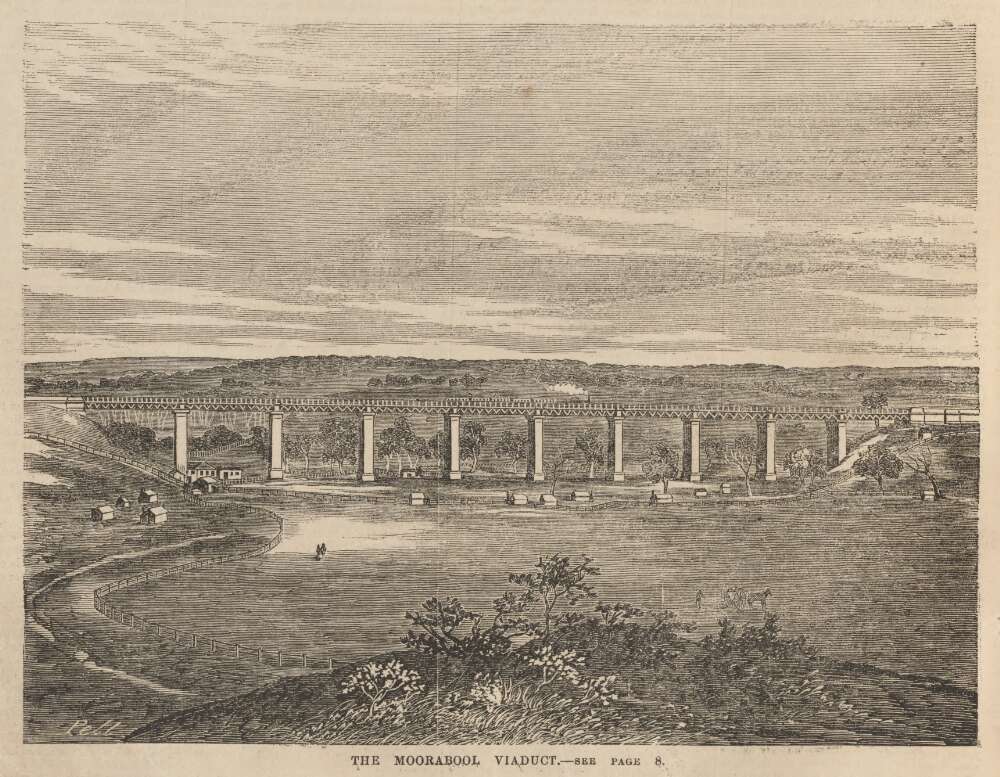 An image of a drawing of the Moorabool Viaduct, dated from 1862, sourced from the National Library of Australia