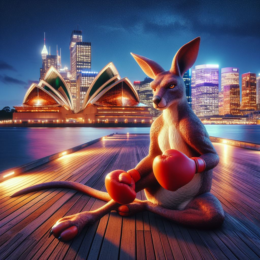 Boxing Kangaroo, observing the Sydney Opera House at night
