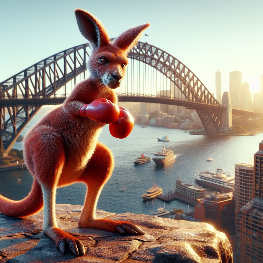 A Boxing Kangaroo, seen beside the Sydney Harbour Bridge