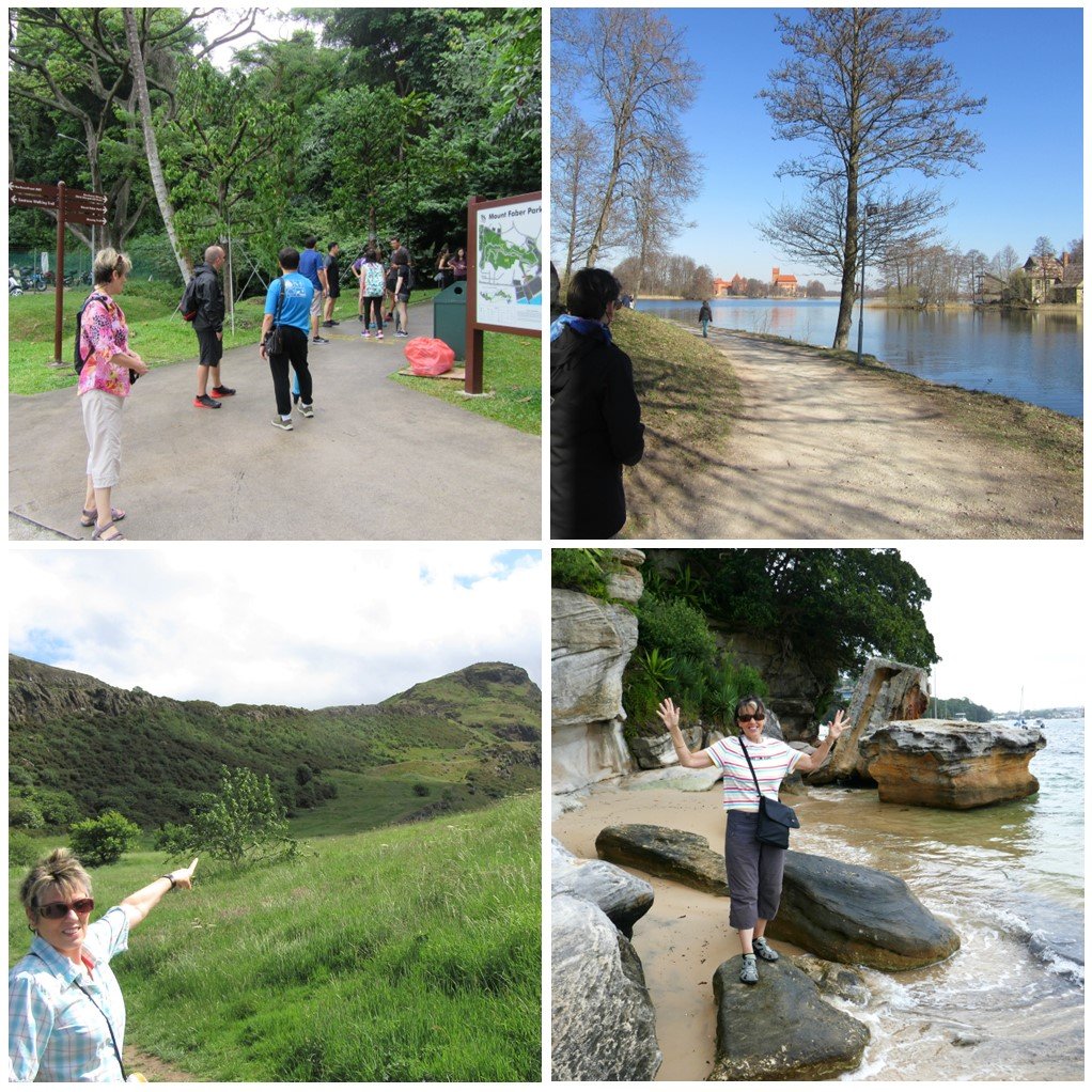 Collage of four images - top-left = people walking on Mt Faber, Singapore; top-right = people walking at Trakai Island Castle, Lithuania; bottom-left = walking on the way to Arthur's Seat, Edinburgh; bottom-right = walking at Milk Bay, Sydney Harbour