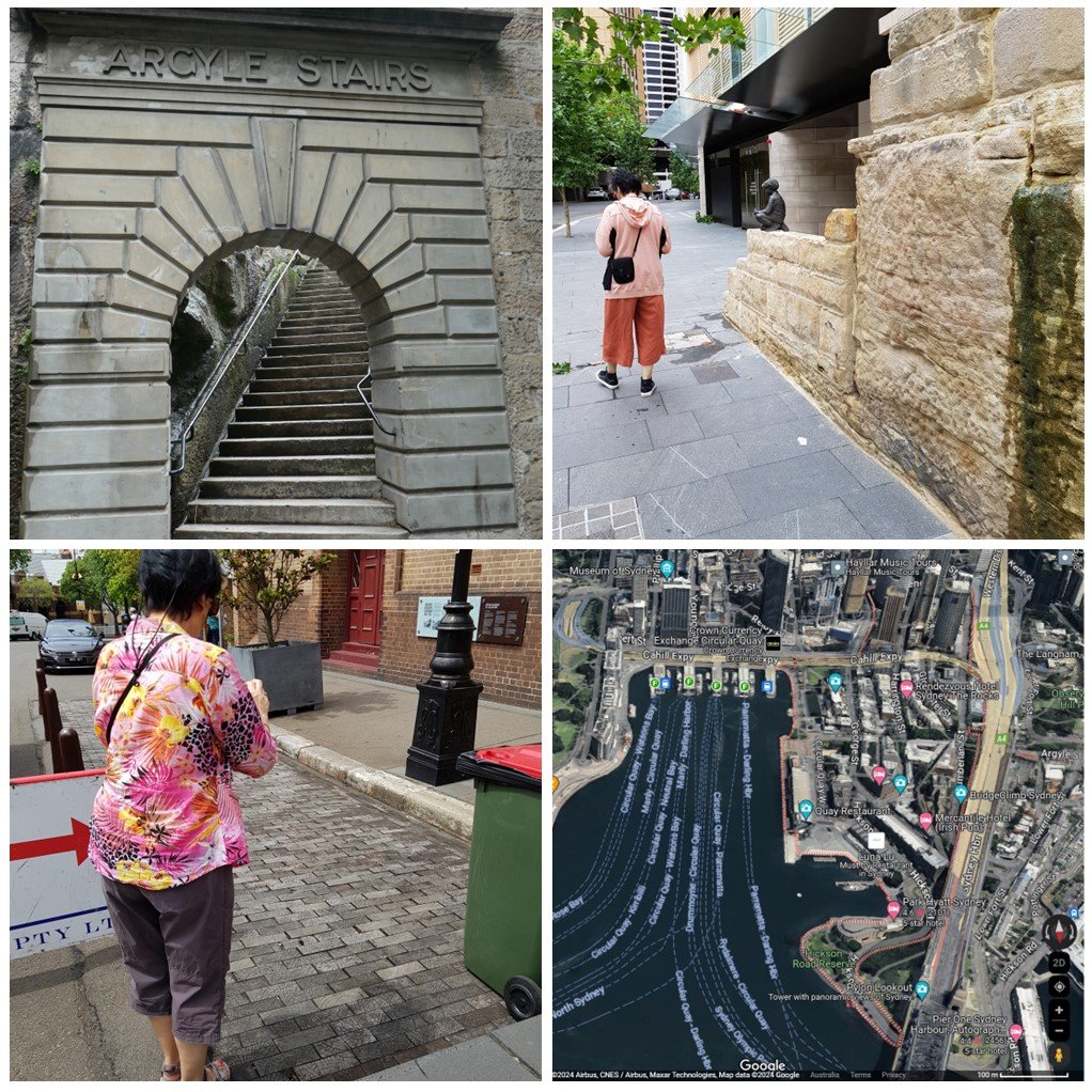 Collage of four images from The Rocks, in Sydney - upper-left = street entrance to Argyle Stairs; upper-right = a walker passing a sculpture on Harrington Street; lower-left = a walker beside a section of wooden block road surface, George Street; a section of a Google 3-D map, showing The Rocks