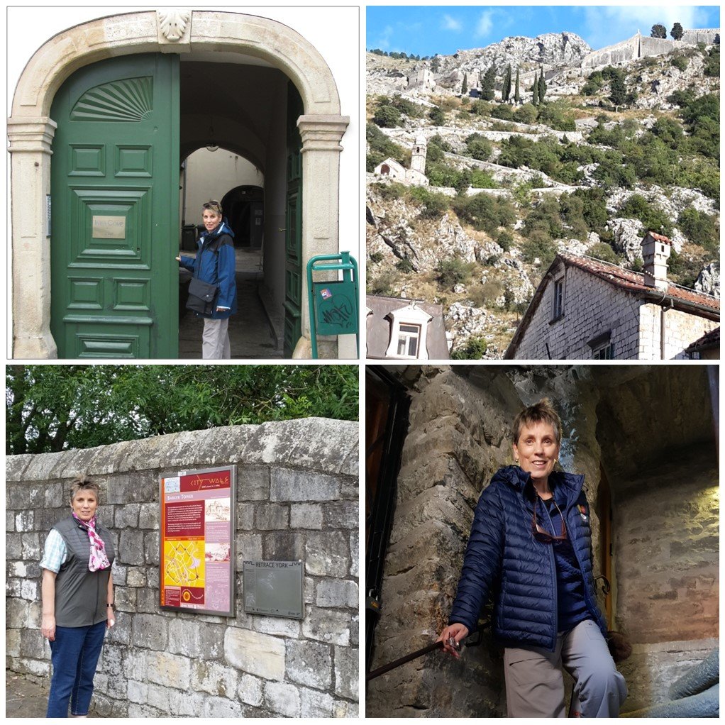 Collage of four images about City Walls - top-left = Zagreb's Tunel Grič, Croatia; top-right = Ladder of Kotor, Montenegro; bottom-left = York City Walls, England; bottom-right = Walls of Tallinn, Estonia