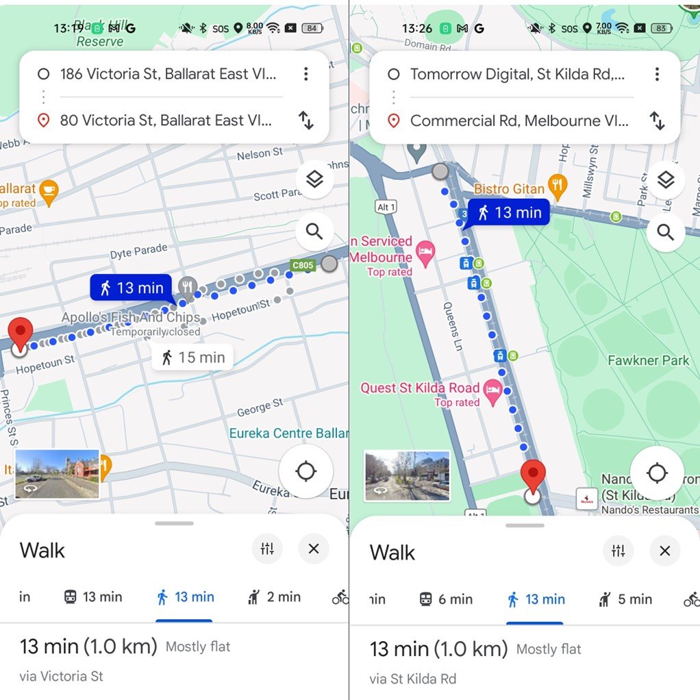 Collage of two images, each showing a screen capture from Google Maps - left = 1 km along Victoria Street (Ballarat, Australia); right = 1 km along St Kilda Road (Melbourne, Australia); each shows an estimated time of 13 minutes