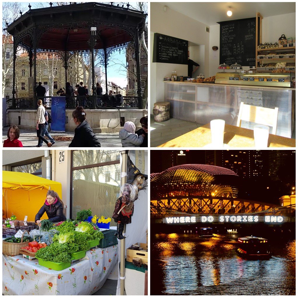 Collage of four unexpected delights while walking - upper-left = Music pavilion in Zagreb's Park Zrinjevac; upper-right = Neighbourhood cafe in Užupis, Vilnius; lower-left = Easter Market in Kaunas, Lithuania; lower-right = Bicentenary celebrations, Singapore