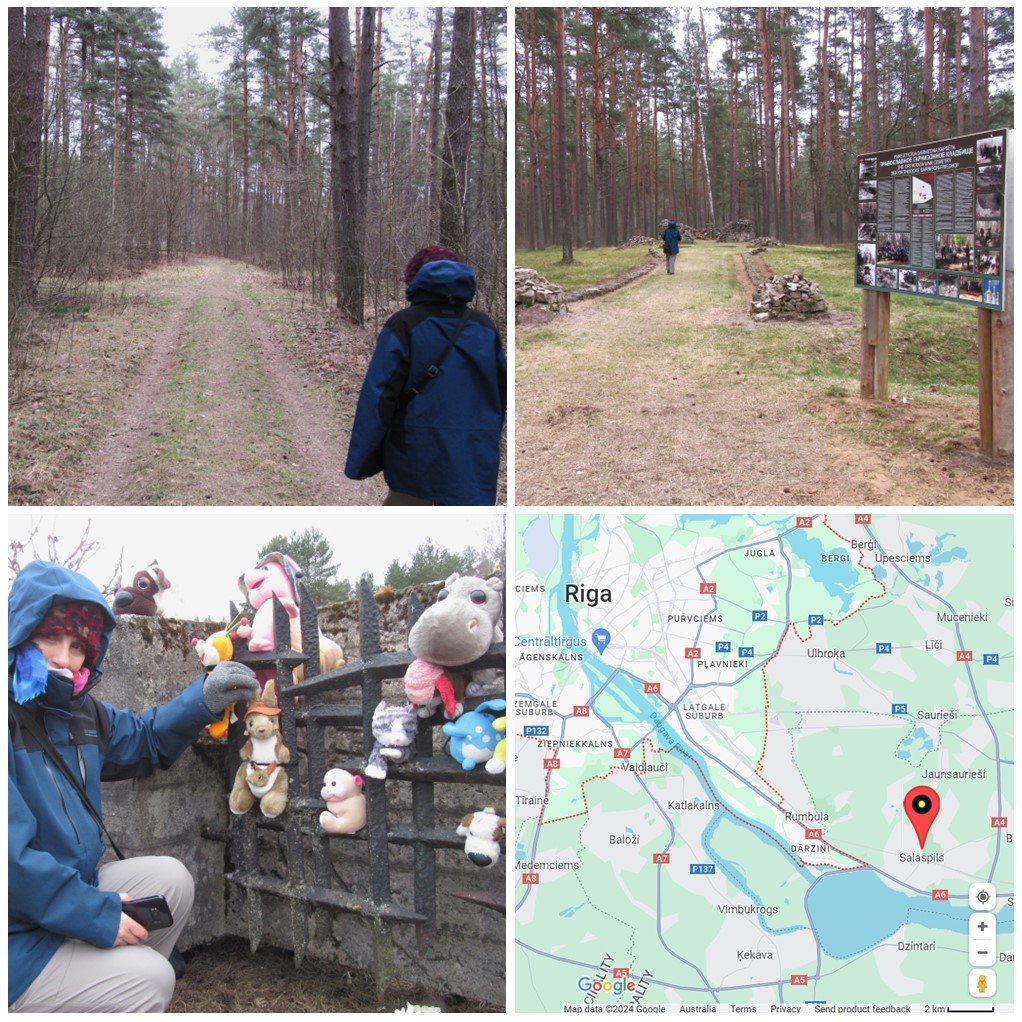 Collage of four images from Salaspils, Latvia - upper-left = Marlene on a forest track; upper-right = Marlene visiting a nearby WWII memorial; lower-left = Marlene saying goodbye to Skippy, her soft toy kangaroo; lower-right = a Google Maps view of the Salaspils-Riga area