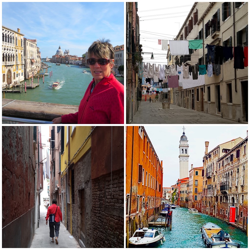 Collage of four images from Venice - upper-left = Marlene on Ponte dell’Accademia; upper-right = close-up with local laundry; lower-left = walking one of many 'calli' across Venice; lower-right = a view of the small Rio del Greci