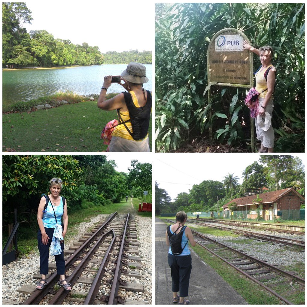 Collage of four images from Singapore - top-left = MacRitchie Nature Trail; top-right = a sign saying PUB, but not a Pub; bottom-left = Bukit Timah Rail Corridor; bottom-right = Bukit Timah Railway Station