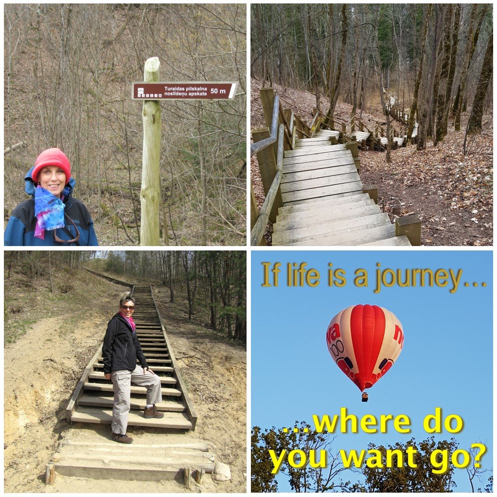 Collage of four images - upper-left = Marlene on the way to Turaida Castle, Latvia; upper-right = A long wooden staircase near Sigulda, Latvia; lower-left = About to climb a wooden staircase near Vilnius; lower-right = Hot-air balloon, with caption: 'If Life is a Journey... ...where do you want to go?'