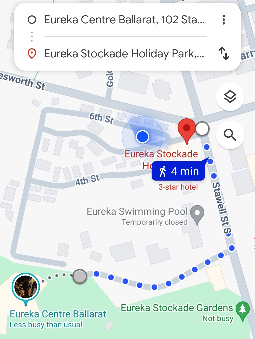 Image showing a screen capture from Google Maps - a route from the Eureka Stockade to the Eureka Centre, Ballarat, with the GPS 'blue dot' visible near the Stockade