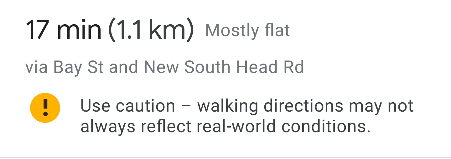 Image showing Google Maps disclaimer - 'Use caution - walking directions may not always reflect real-world conditions'