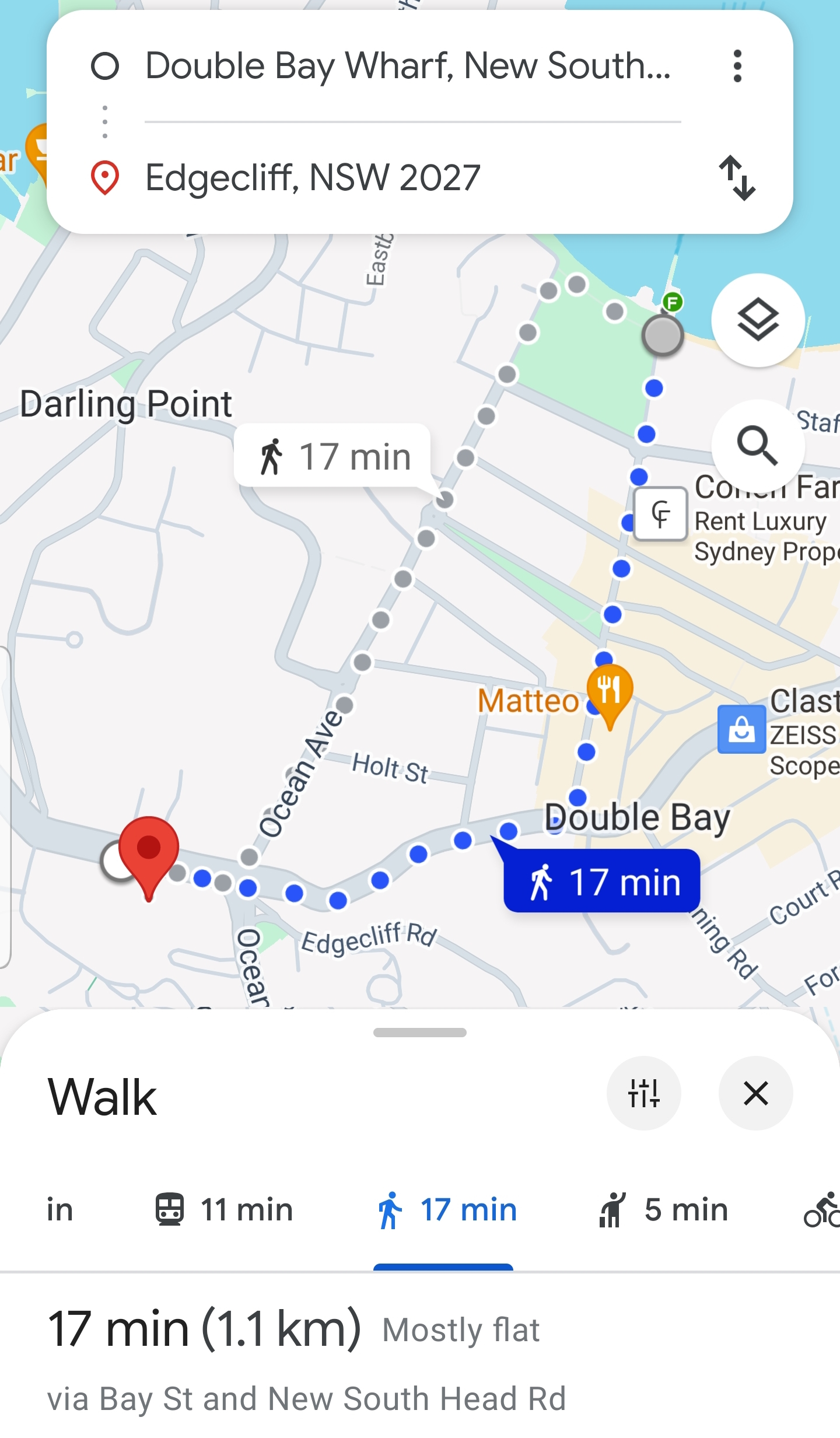 Image showing a screen capture from Google Maps - the route from Double Bay, in Sydney, to Edgecliff train station, suggesting 17 minutes to walk 1.1 km