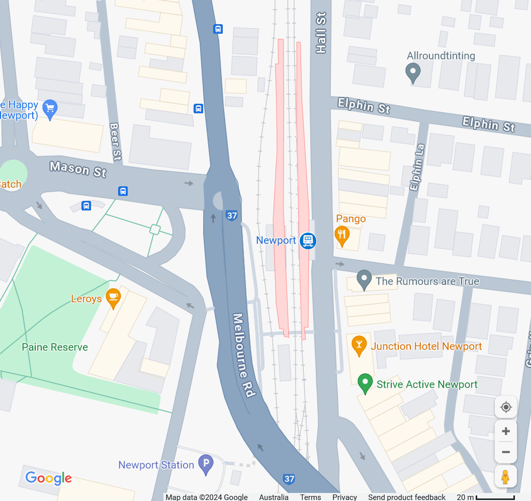 A map from Google showing the area around the Newport Train Station