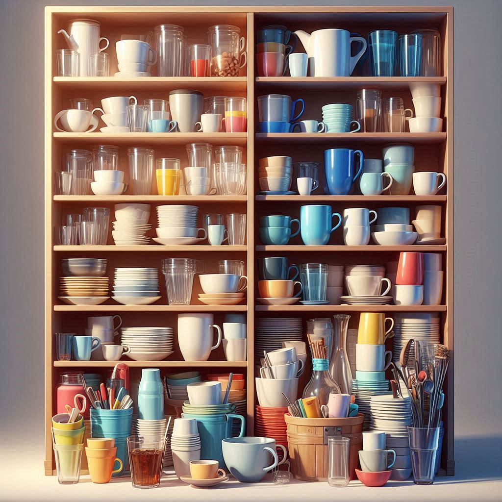 AI-drawn image of a cupboard filled with cups and glasses of various sizes