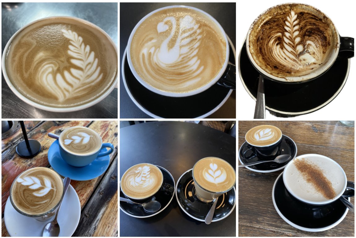 Collage of six images showing examples of coffee art in numerous cups of coffee