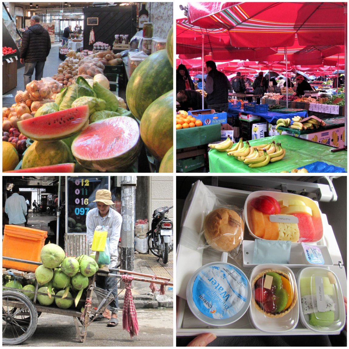 Collage of four images showing fruit - top-left = watermelon at Tallinn Central Market; top-right = bananas at Zagreb Dolac Market; bottom-left = street trader selling coconuts in Phonm Penh; bottom-right = Singapore Airlines in-flight fruit platter