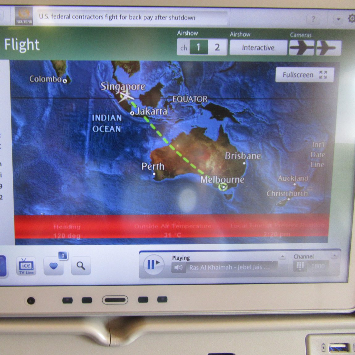 Image of flight path, displayed on a screen, for a 7 hour journey from Singapore to Melbourne