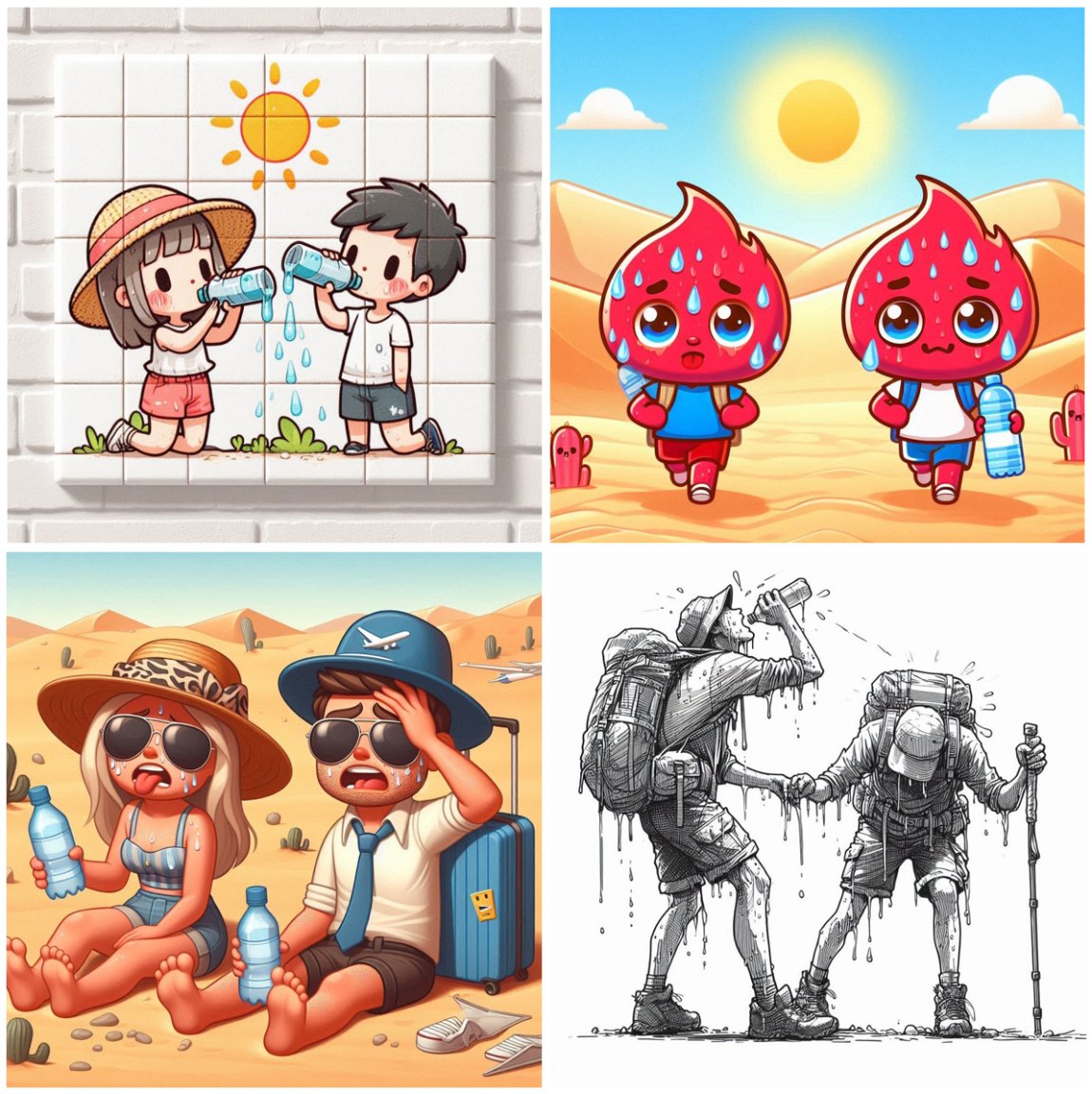 Collage of four cartoon images showing dehydration in progress - top-left = two children, on a sunny day, drinking from water bottles; top-right = two figures with bright red faces, out walking on a sunny day; bottom-left = two tourists, in a sandy desert location, showing signs of being overcome by the heat of the day; bottom-right = two hikers, carrying bacpacks, in absolute distress from dehydration