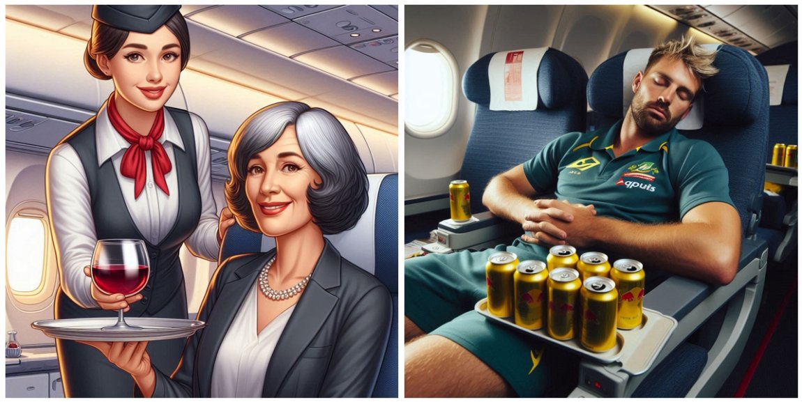 Collage of two images:- left = A woman airline pasenger being served a glass of wine by a Hostess; right = an Australian sportsman, asleep in a seat on an airliner, with his tray stacked with cans, some full, some empty