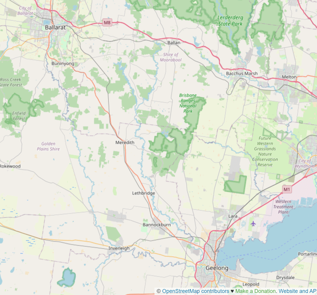 A map from OpenStreetMap showing the route of the journey from Melbourne to Ballarat, via North Geelong