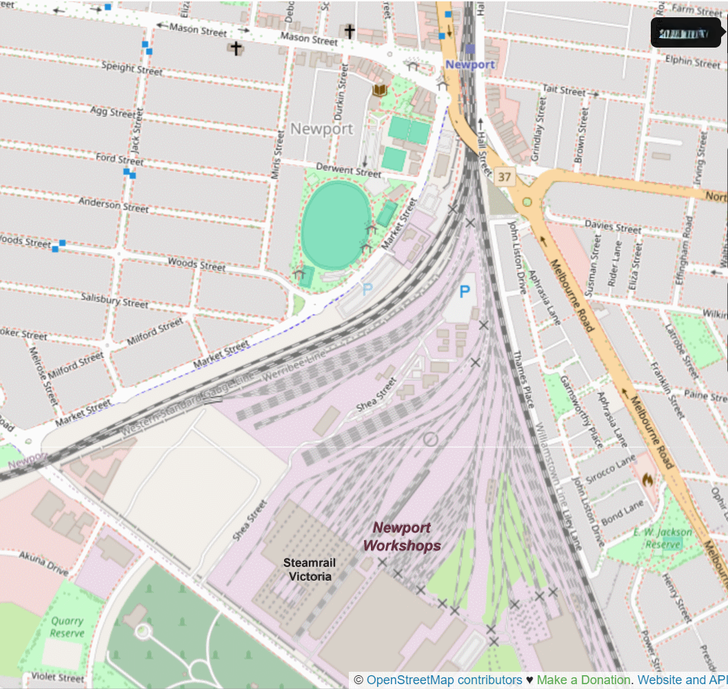 A map from OpenStreetMap showing the area around the Newport Workshops