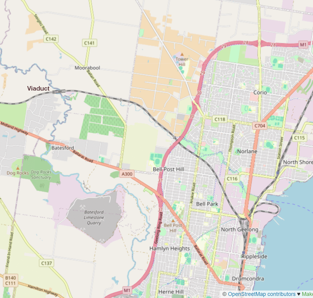 A map from OpenStreetMap showing the train tracks running through the North Geelong area