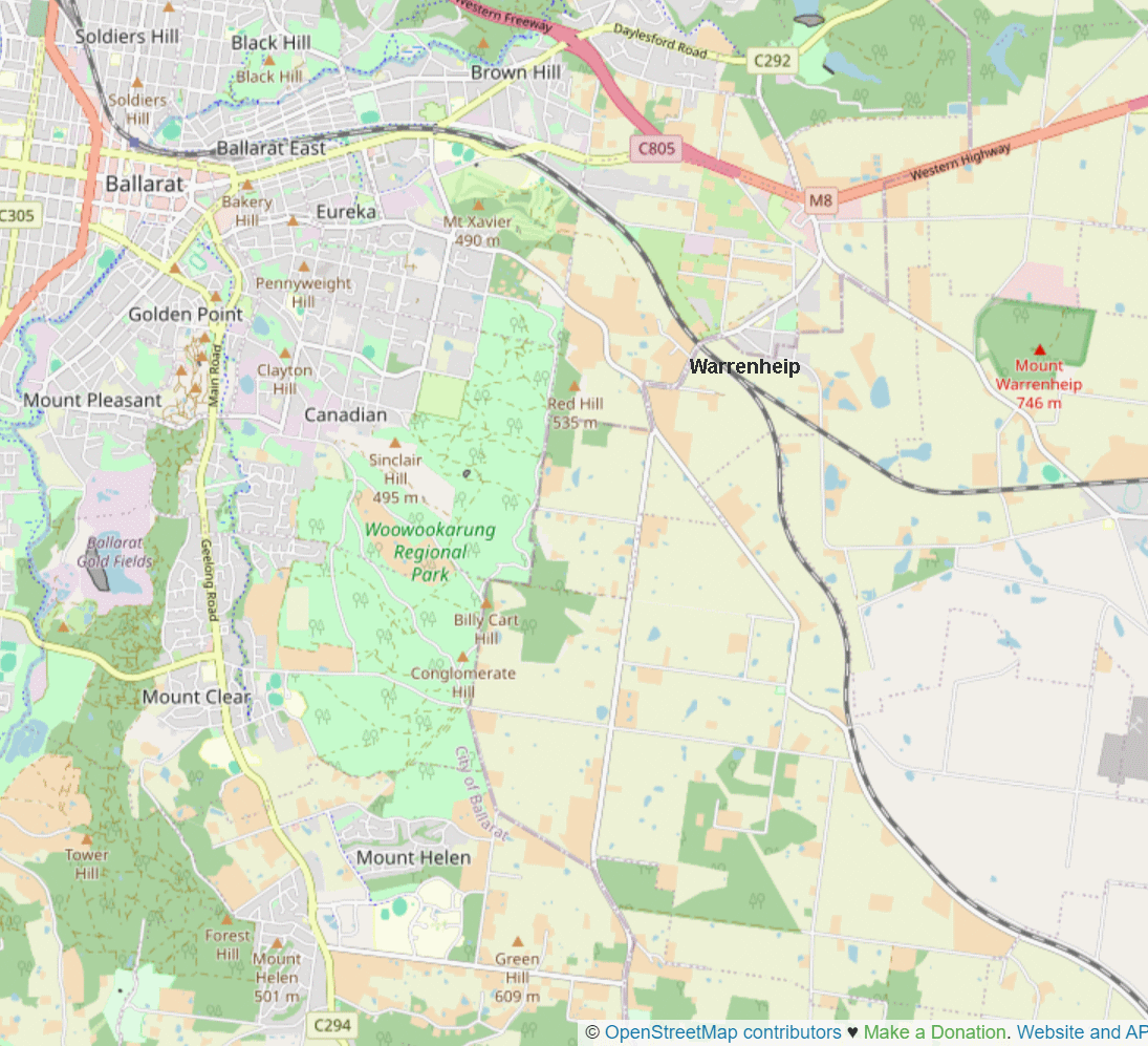 A map from OpenStreetMap showing the final section of railway track leading to Warrenheip, and on to Ballarat