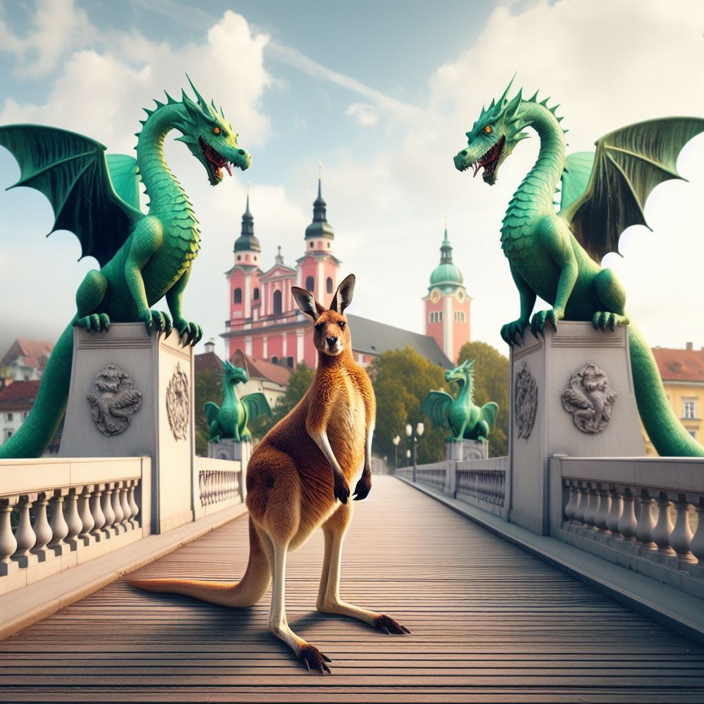 Image showing Skippy, the Australian Boxing Kangaroo, standing beside a bridge in Ljubljana, slovenia, with four green dragons standing on the parapets of the bridge.