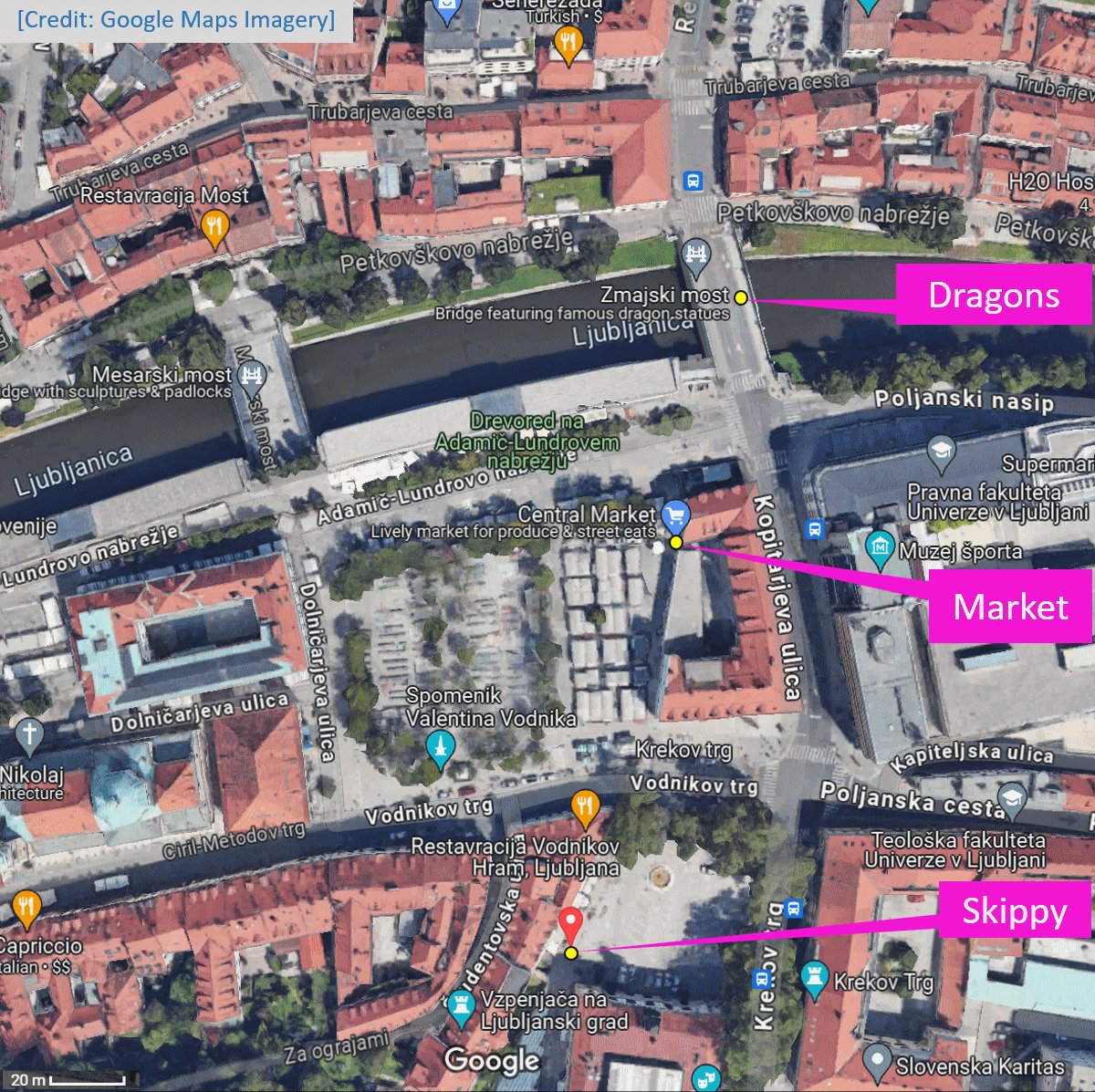 Map showing Skippy is at Krek Square, near the Central Market