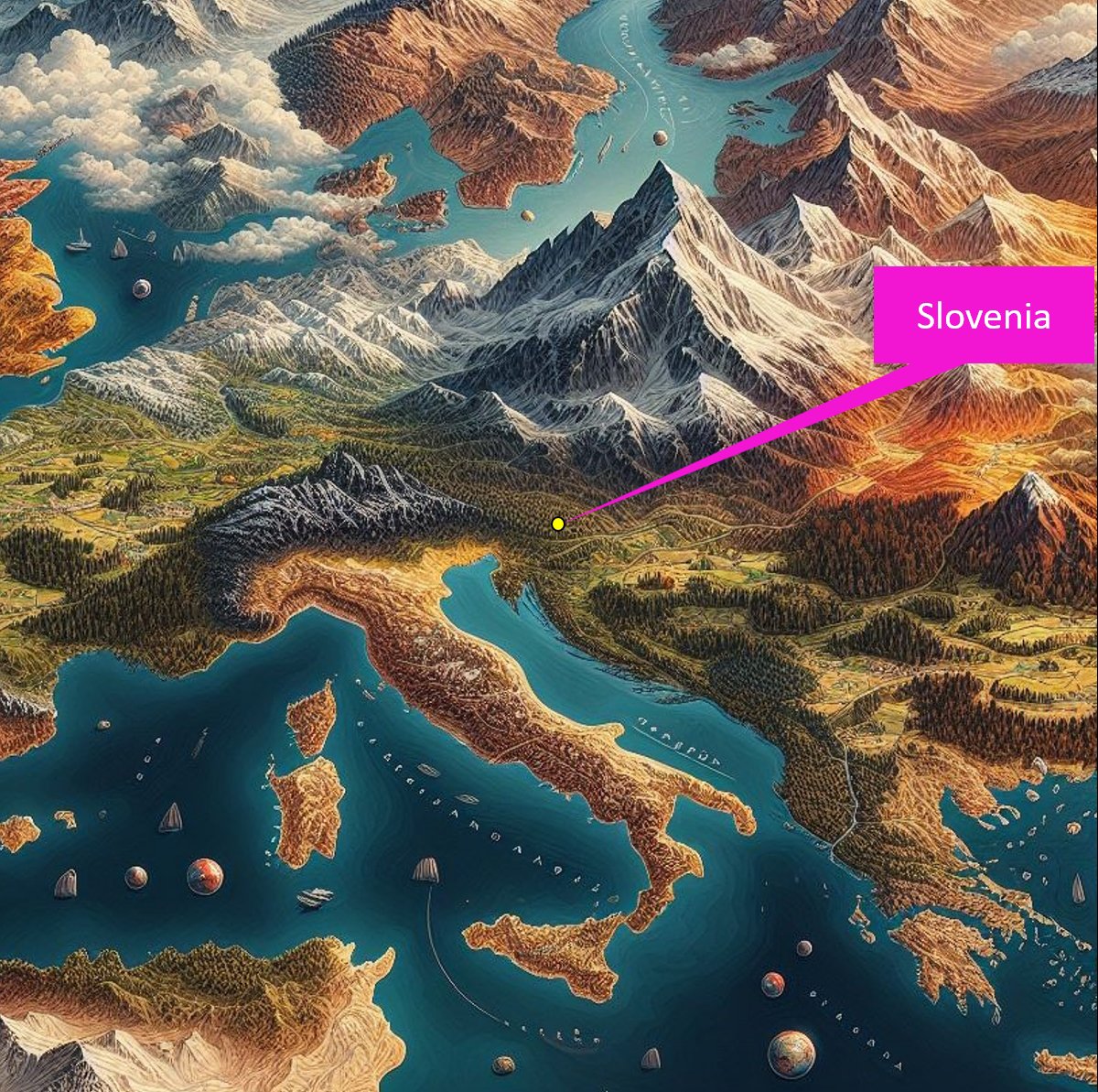 3-d map of eastern Europe, showing Slovenia lies to the North-East of Italy