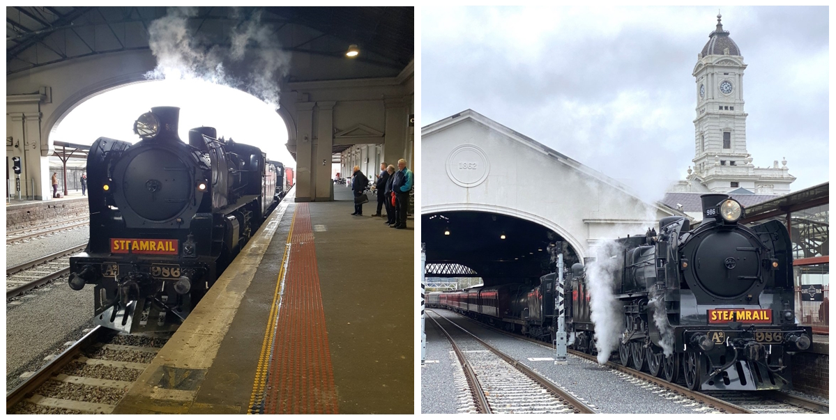 Collage of two images showing Steamrail A2 986 at Ballarat: left = in Train Hall; right = in front of Clock Tower