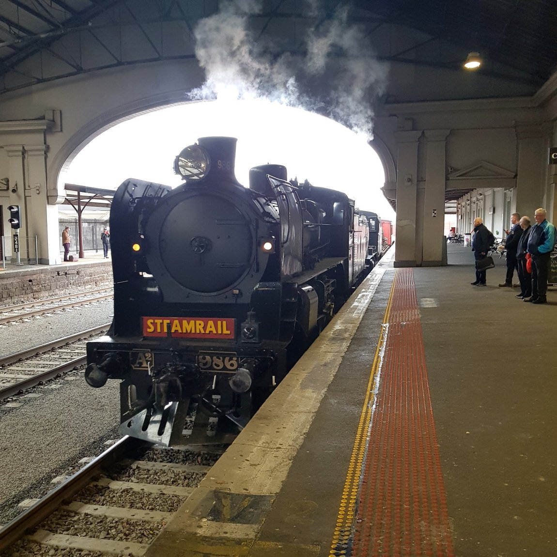 An image showing Steamrail A2 986 arriving into Platform 1 at Ballarat Station on Friday 24 May 2024