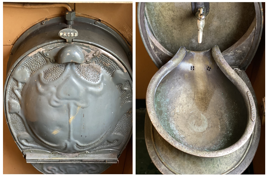 Collage of two images showing the wash basin from a Steamrail passenger carriage